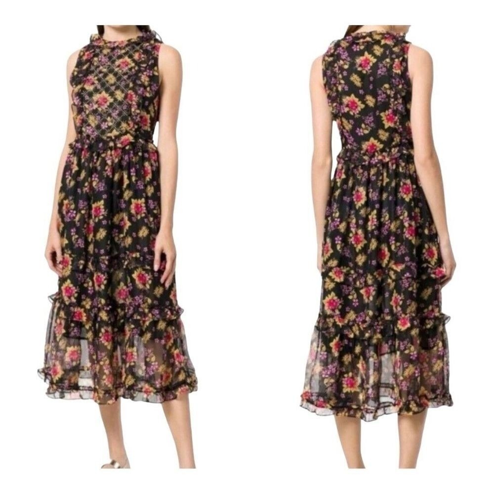 Dodo Bar Or Black Floral Print‎ Ruffle Trim Sleeveless Midi Dress 44 US Small